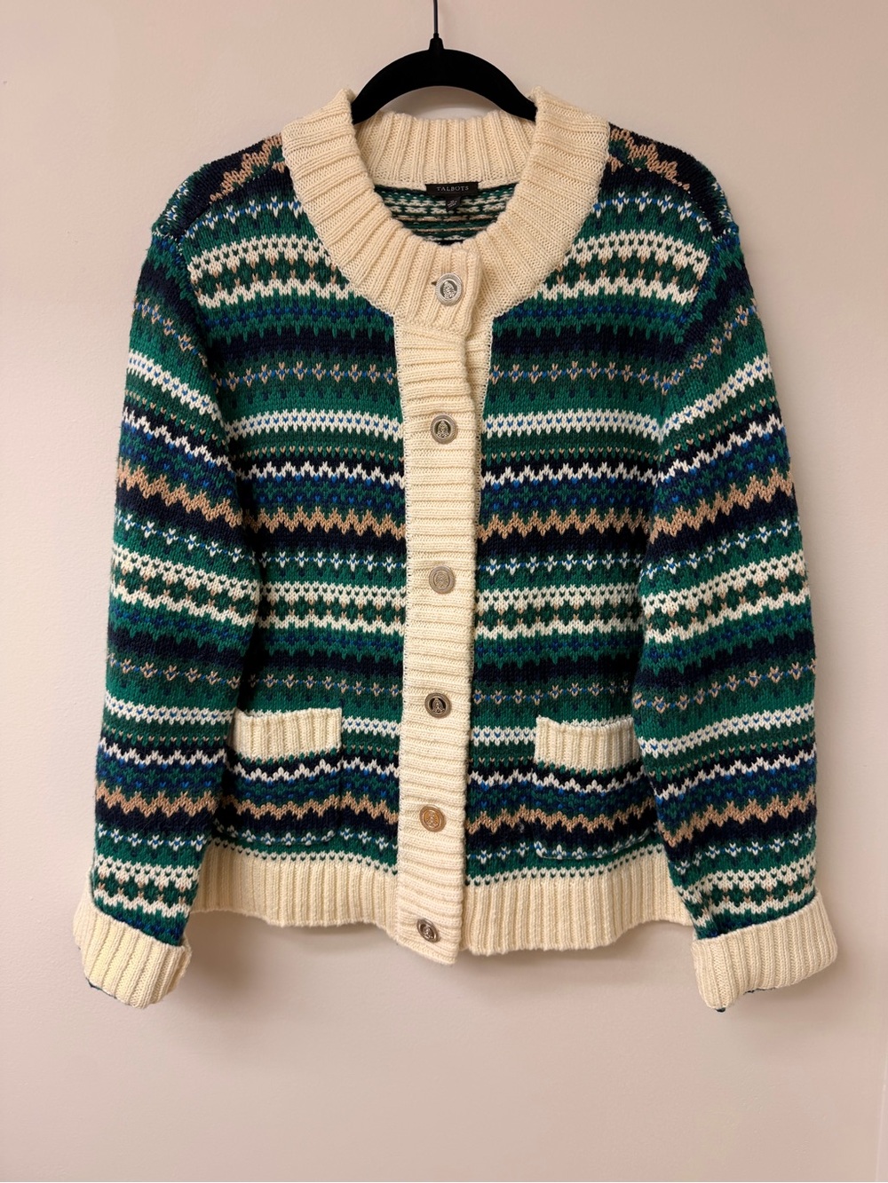 Talbots Metallic Mockneck Sweater Jacket -
Cadet Fair Isle XL